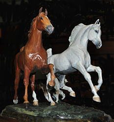 Handpainted Arabian & Saddlebred Horse Bronze with Shelty Dog